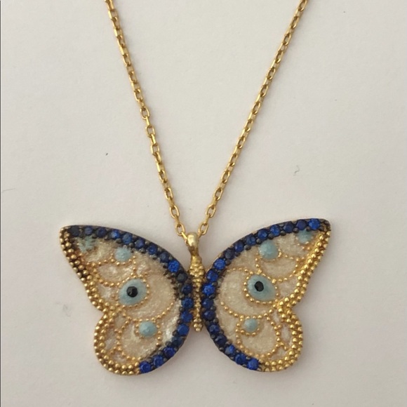 Jewelry - 925 Silver butterfly necklace white blue evileye